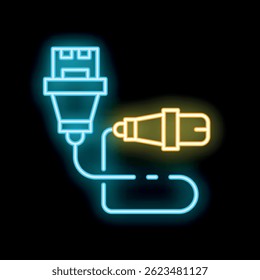 Glowing neon icon of an audio cable with a connector plugged in, representing audio equipment and connections