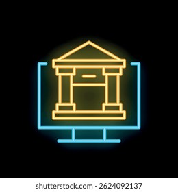 Glowing neon icon of a bank displayed on a computer screen, representing the concept of online banking and financial technology