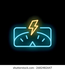 Ícone de néon brilhante de um indicador de bateria mostrando aumento de energia com um raio