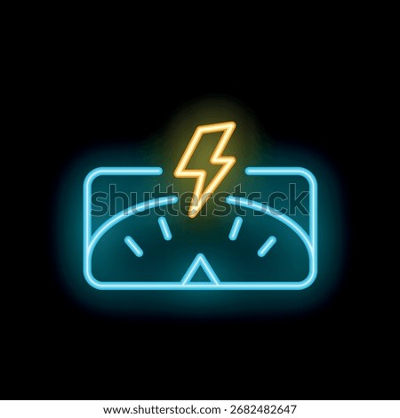 Glowing neon icon of a battery indicator showing increasing power with a lightning bolt