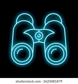 Glowing neon icon of binoculars symbolizing travel, adventure, and exploration