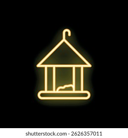 Glowing neon icon of a birdhouse hanging from its roof, representing bird care and wildlife
