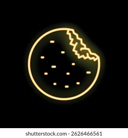 Glowing neon icon of a bitten chocolate chip cookie is featured on a black brick wall