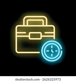 Glowing neon icon of a briefcase and a clock, representing work hours and time management