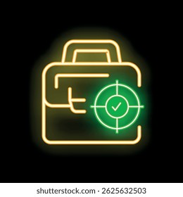 Glowing neon icon of a briefcase with a target and checkmark, perfect for illustrating concepts like business goals