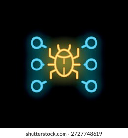 Icono de neón brillante de un error que se extiende a través de las conexiones de red, que representa el concepto de un ataque cibernético