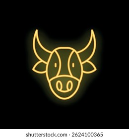 Glowing neon icon of a bull head with big horns on a black background