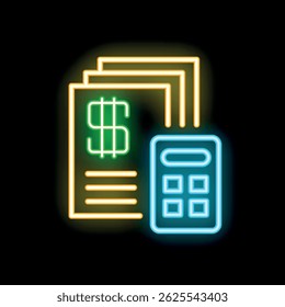 Ícone de néon brilhante de uma calculadora que calcula contas em dinheiro, faturas e despesas usando um dispositivo eletrônico