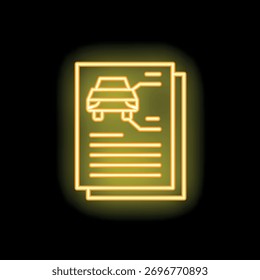 Ícone de néon brilhante de documentos de carro mostrando as especificações do veículo, histórico e informações importantes