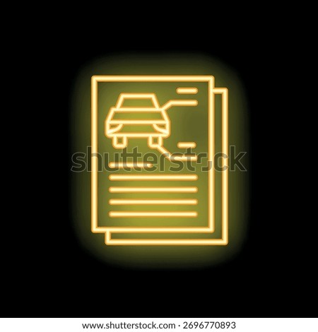 Glowing neon icon of car documents showing vehicle specifications, history, and important information