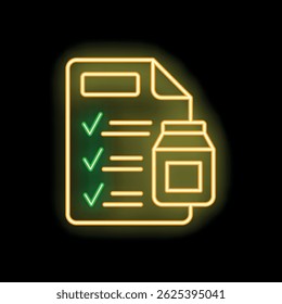 Glowing neon icon of a checklist with all the boxes ticked and a jar, representing the concept of dietary supplements and healthy habits
