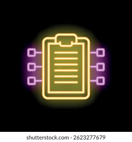 Glowing neon icon of a clipboard connected to data points, symbolizing data analysis and processing
