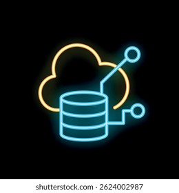 Glowing neon icon of cloud computing connecting to database server with lines
