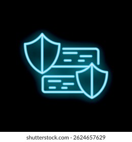 Glowing neon icon of computer servers being protected by shields, representing cybersecurity, data protection, and online safety