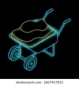 Glowing neon icon of a construction wheelbarrow carrying sand, depicted in an isometric view against a dark background