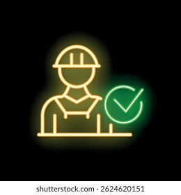 Glowing neon icon of a construction worker with a check mark, symbolizing a job well done