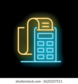Glowing neon icon of a credit card terminal processing a payment with a receipt coming out