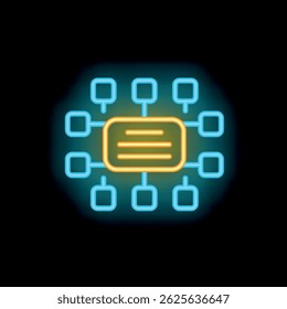 Glowing neon icon of data processing with multiple connections, perfect for technology and innovation concepts