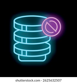 Glowing neon icon of a database disconnecting, symbolizing data loss and cyber threats