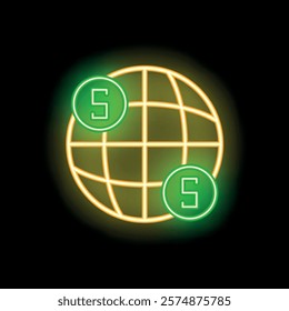 Glowing neon icon depicting a stylized globe with dollar coins, symbolizing international finance and global money transfers