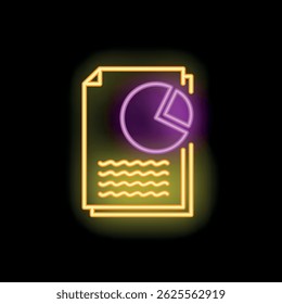 Glowing neon icon of a document with a pie chart, perfect for representing business presentations and data analysis
