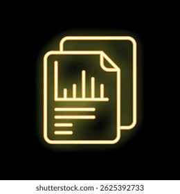 Ícone de néon brilhante de documentos com gráficos, simbolizando relatórios de negócios e análise de dados