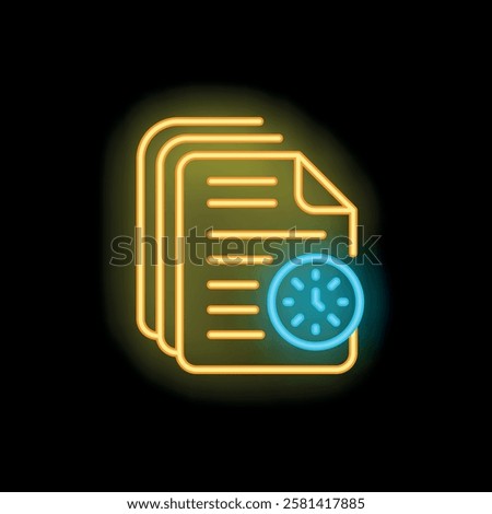 Glowing neon icon of documents with clock representing time management and deadlines