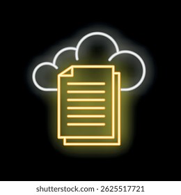 Leuchtendes Neon-Symbol von Dokumenten, die auf schwarzem Hintergrund in einen Cloud-Speicherdienst hochgeladen werden