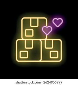 Icono de neón brillante de cajas de donación con corazones que representan la caridad, el amor y la Asistencia