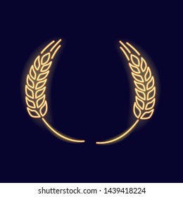 Glowing neon icon with ear of wheat, rye, malt, barley for night beer bar. Neon style background. Led luminous sign for pub signboard. Vector isolated illustration. Simple icon for mobile info graphic