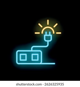 Glowing neon icon of an electric plug connecting to a power strip with a bright light above, symbolizing energy and power