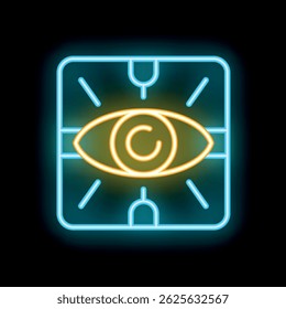 Glowing neon icon of eye scanning system for security access, personal identification and privacy protection technologies