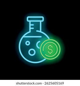 Leuchtendes Neonsymbol mit einem Laborkolben mit Blasen und einer Dollarmünze, das Investitionen in die wissenschaftliche Forschung symbolisiert