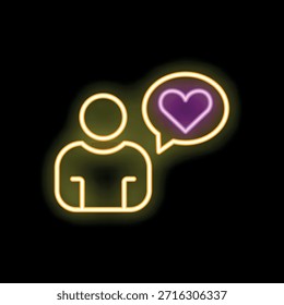 Glowing neon icon featuring a stylized person with a speech bubble containing a heart, symbolizing love, affection, or positive sentiment