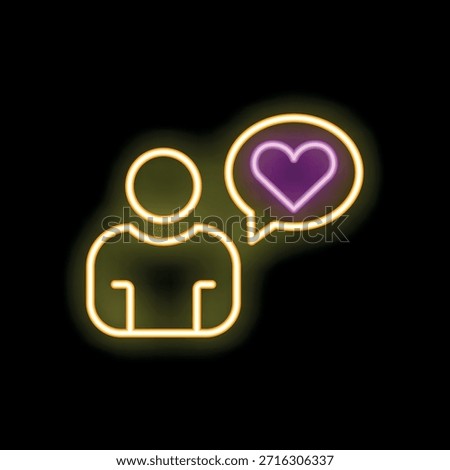 Glowing neon icon featuring a stylized person with a speech bubble containing a heart, symbolizing love, affection, or positive sentiment