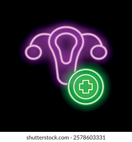 Glowing neon icon of female reproductive organs with medical cross symbol, representing gynecology and women's health