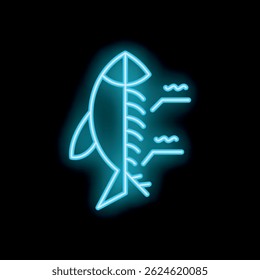 Ícone de néon brilhante de um esqueleto de peixe com barbatana e ossos, representando menu de restaurante de frutos do mar e ictiologia