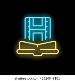 Glowing neon icon of a floppy disk saving data to a hard drive, representing data storage and transfer
