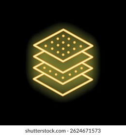 Glowing neon icon of four layered squares on a black background, representing data management