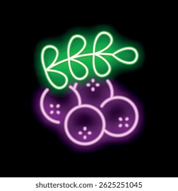Glowing neon icon of freshly picked coffee beans with a leaf, representing the source of a favorite morning beverage