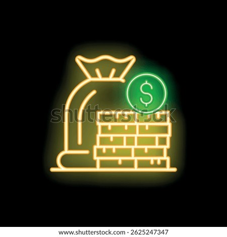 Glowing neon icon of a full bag of money and stacks of coins symbolizing financial prosperity and abundance
