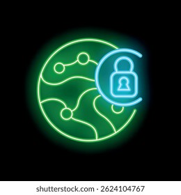 Icono de neón brillante de la seguridad de red global con un candado que protege la tierra, que representa la ciberseguridad y la protección de datos
