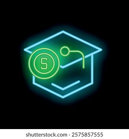 Glowing neon icon of a graduation hat with a coin, representing the concept of the cost of education