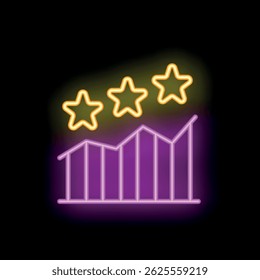 Glowing neon icon of a growing chart with five stars rating on black background