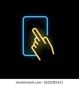 Glowing neon icon of a hand with a finger extended, pressing a button on a smartphone screen