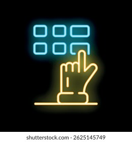 Glowing neon icon of a hand pressing a button on a control panel, representing concepts such as technology, automation, and user interface