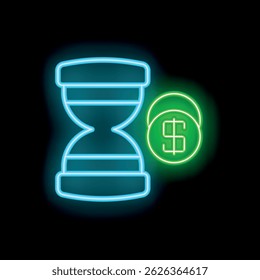Glowing neon icon of an hourglass with sand flowing, representing the concept of time being a valuable resource