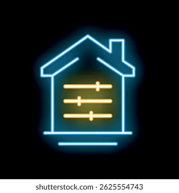 Glowing neon icon of a house with adjustment controls, symbolizing a smart home automation system
