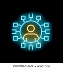 Glowing neon icon illustrating the concept of social media, online presence, and network connections with a person at the center