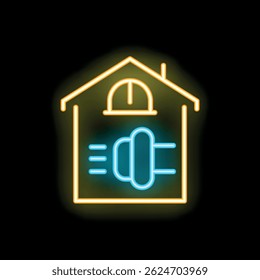 Glowing neon icon illustrating a house with an electric plug inside, symbolizing power supply and electricity connection
